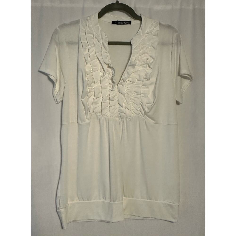 Maurices Cream Ruffle V-Neck Short Sleeve Blouse